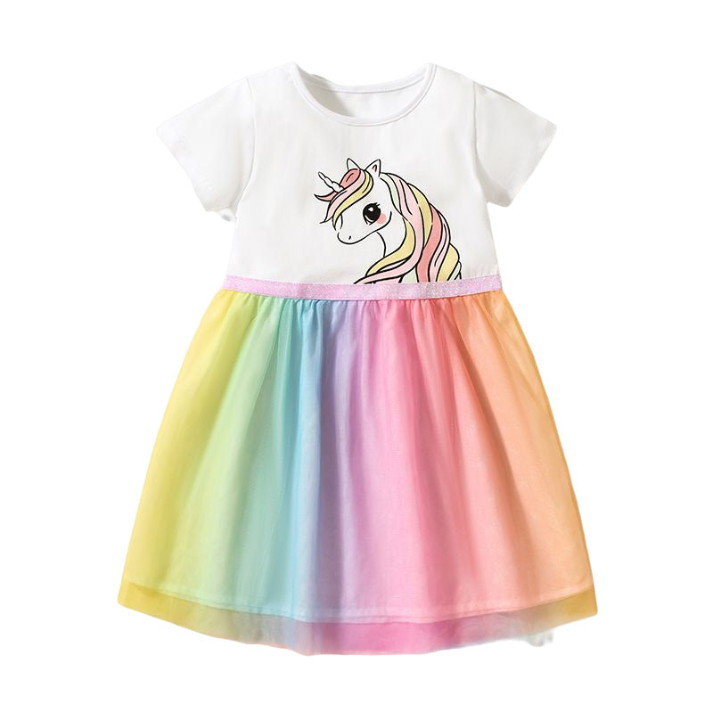 Vestido de tul con estampado de unicornio y mangas cortas para niñas