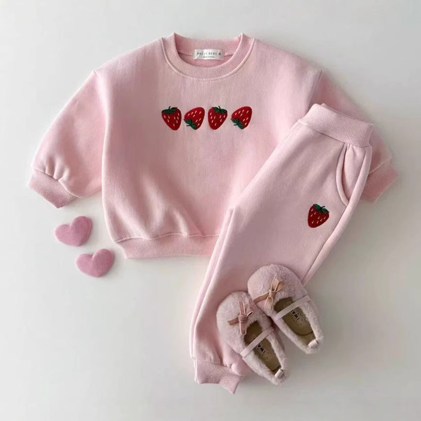 Conjunto de ropa unisex de otoño para bebés y niños, informal, con estampado de fresas bordadas, de manga larga, jersey y pantalones