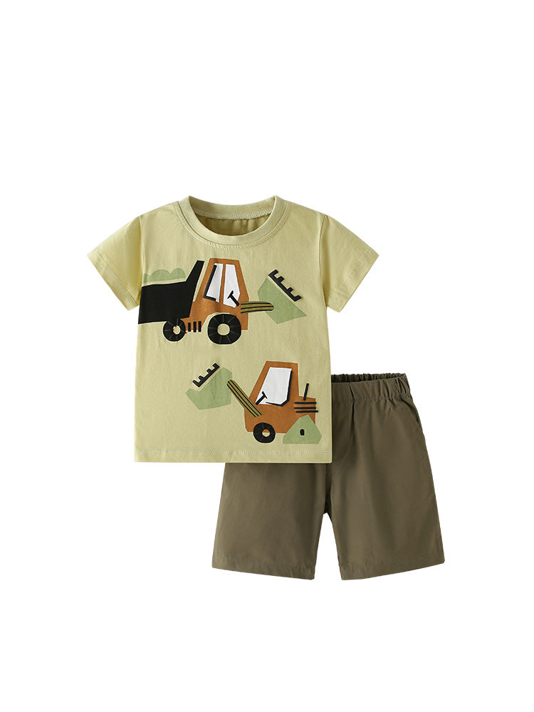 Conjunto de camiseta y pantalones cortos de verano para bebés y niños con estampado de excavadora informal de dibujos animados.