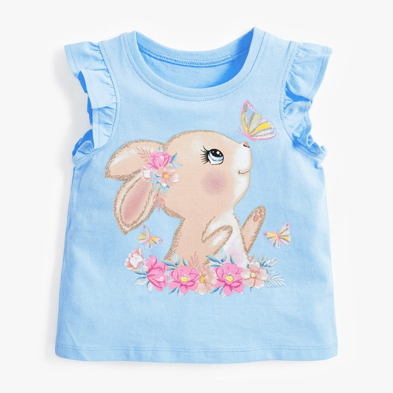 Camiseta sin mangas con volantes y estampado de conejo de cuello redondo para niña