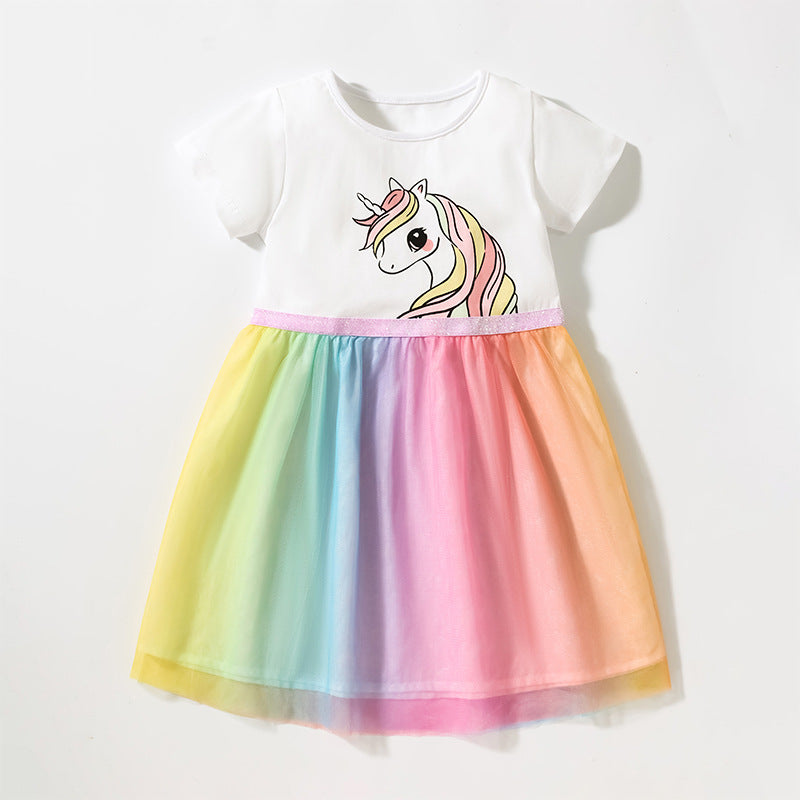 Vestido de tul con estampado de unicornio y mangas cortas para niñas