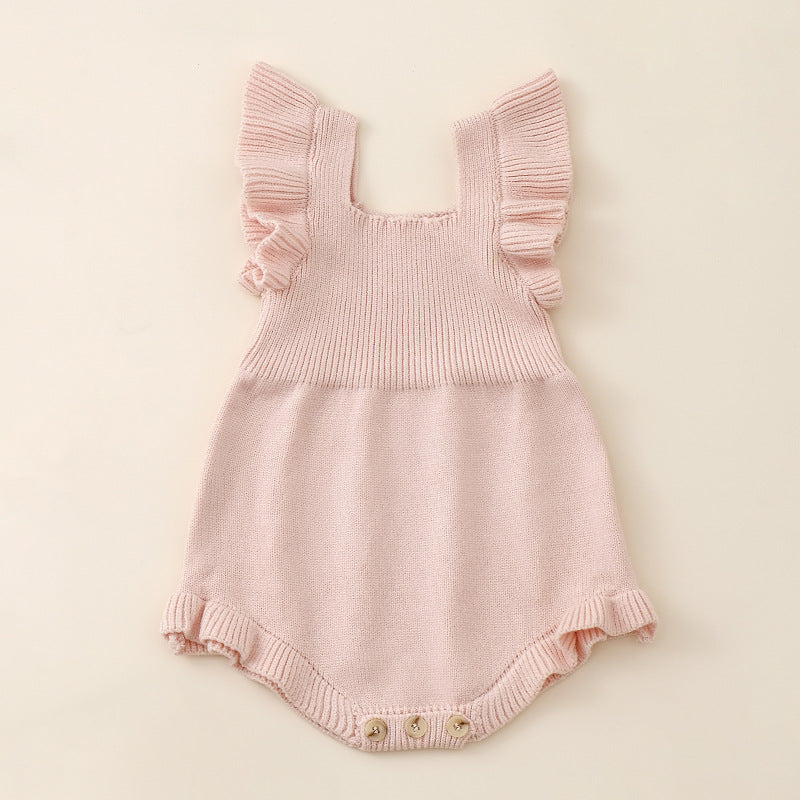 Mono de punto con cuello cuadrado y mangas abullonadas de color liso para niñas recién llegadas de verano