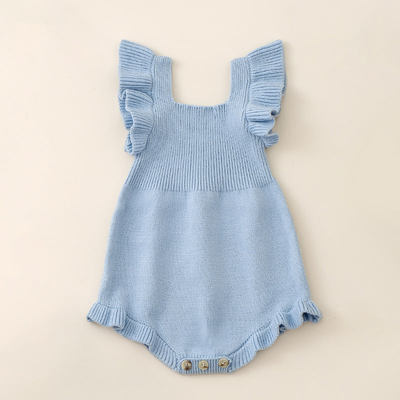 Mono de punto con cuello cuadrado y mangas abullonadas de color liso para niñas recién llegadas de verano
