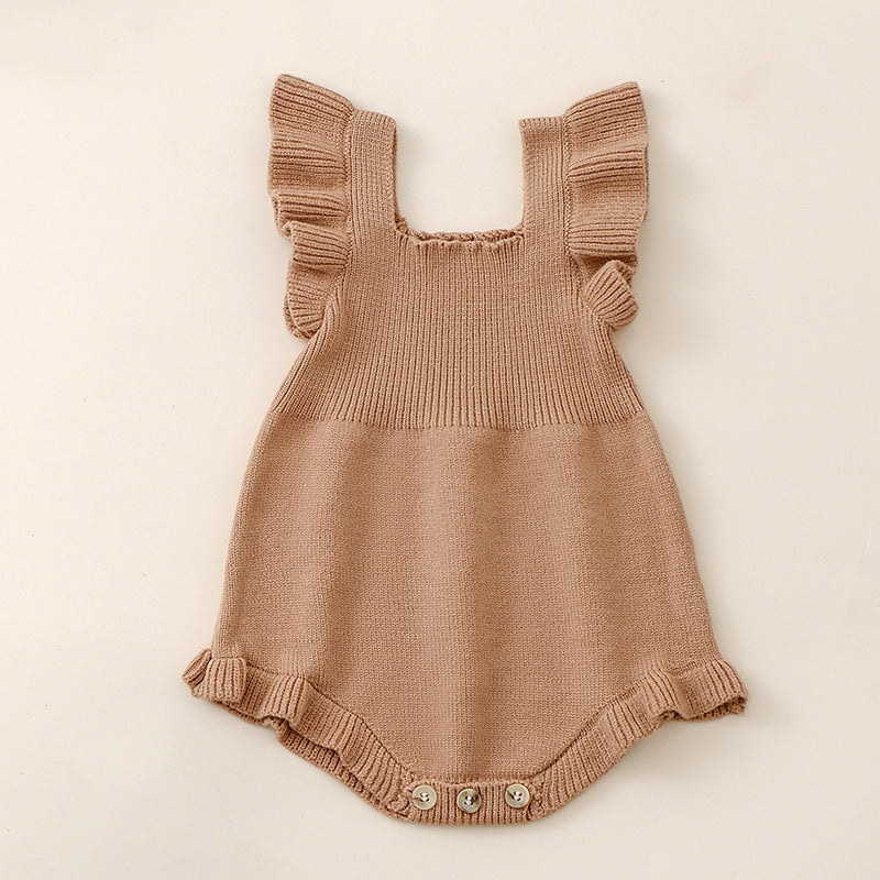 Mono de punto con cuello cuadrado y mangas abullonadas de color liso para niñas recién llegadas de verano