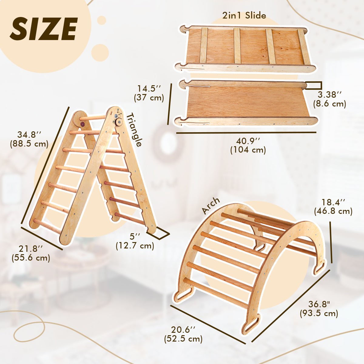 Conjunto de estructura de escalada Montessori 4 en 1: Triángulo de escalada con tobogán, arco de escalada con cojín, para niños de 1 a 7 años, color beige