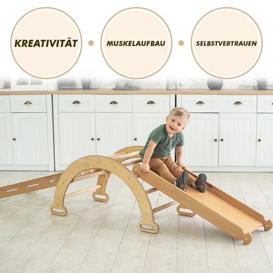 Conjunto de estructura de escalada Montessori 4 en 1: Triángulo de escalada con tobogán, arco de escalada con cojín, para niños de 1 a 7 años, color beige