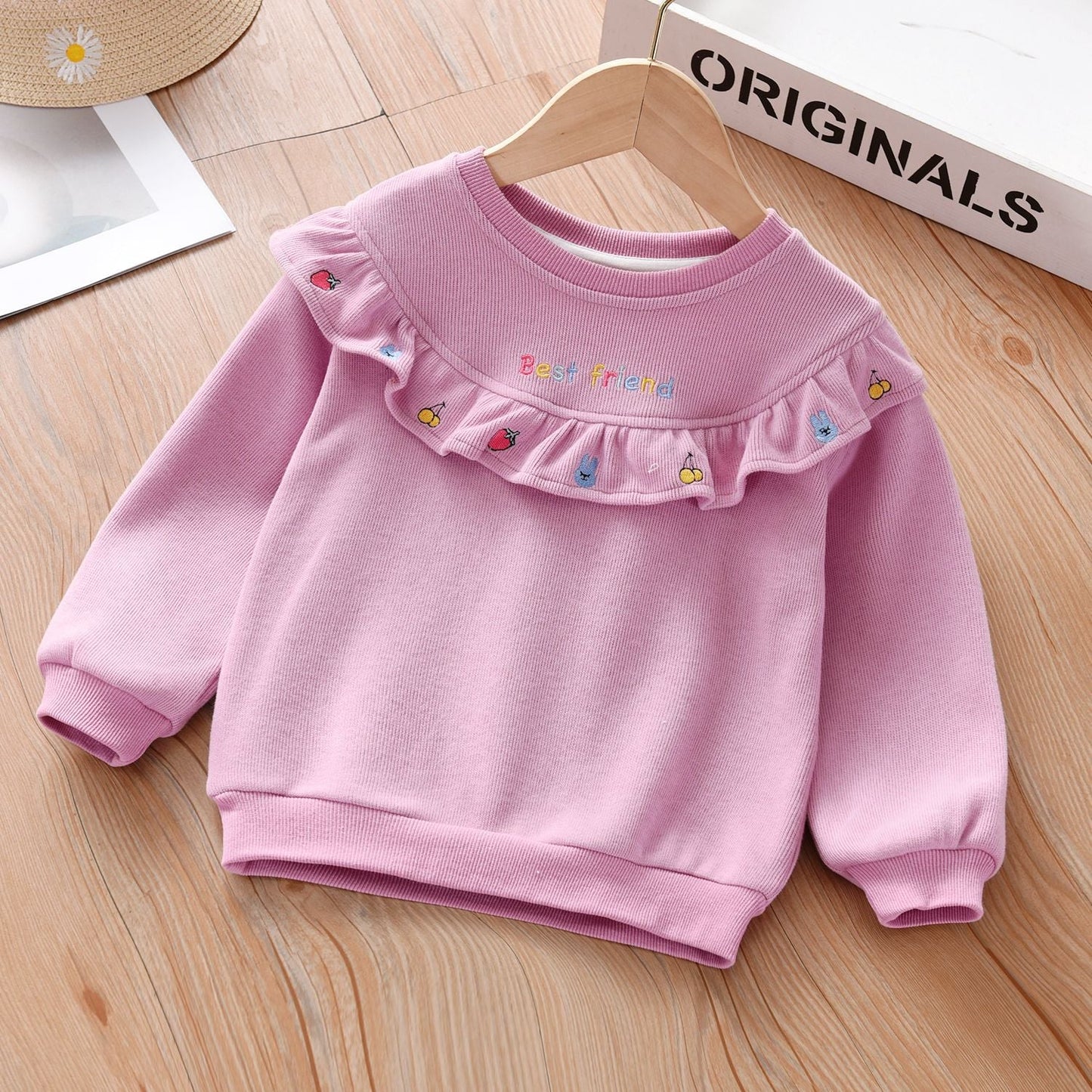 Sudadera con capucha para niña con bordado de frutas, diseño gráfico con volantes, de tela de pana