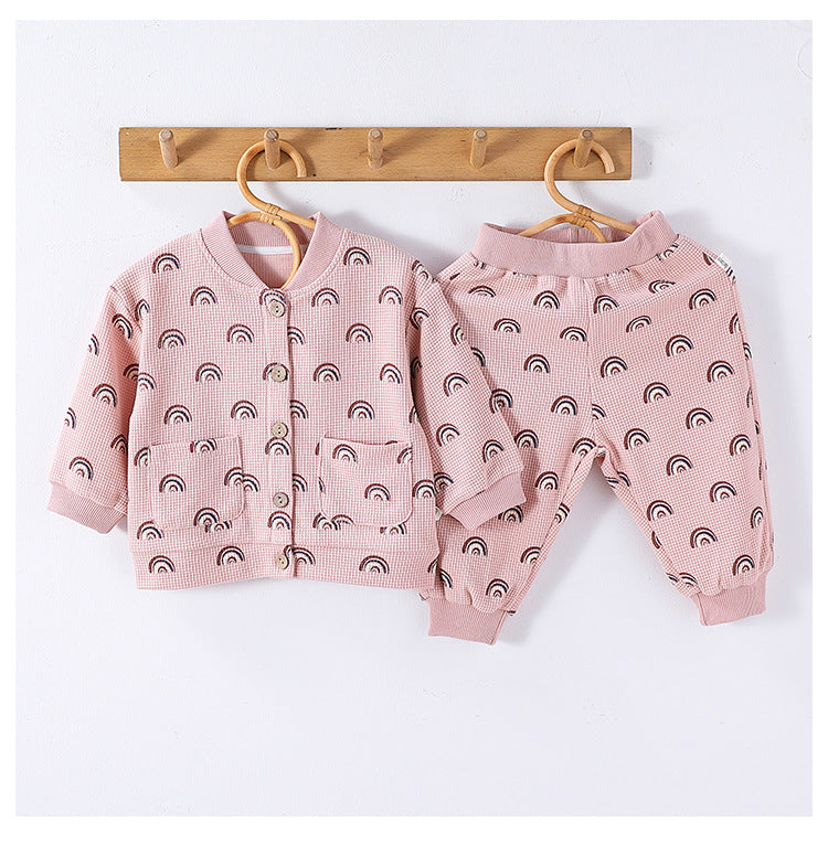 Conjunto de ropa unisex de primavera para bebés y niños, con top y pantalones largos con estampado sencillo de manga larga.