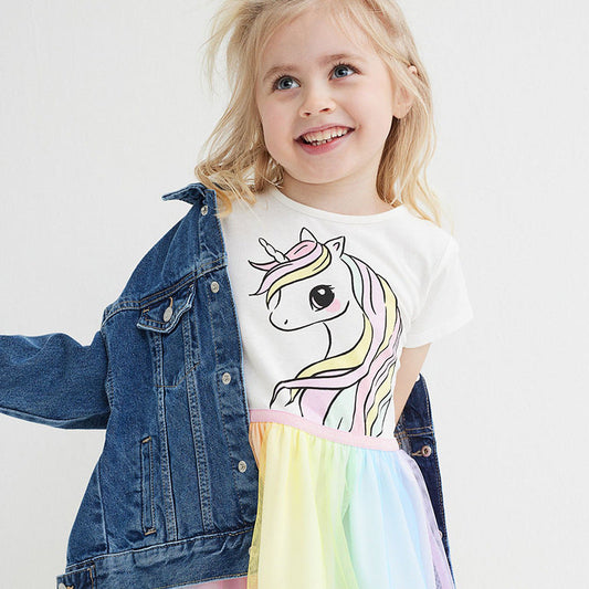 Vestido de tul con estampado de unicornio y mangas cortas para niñas