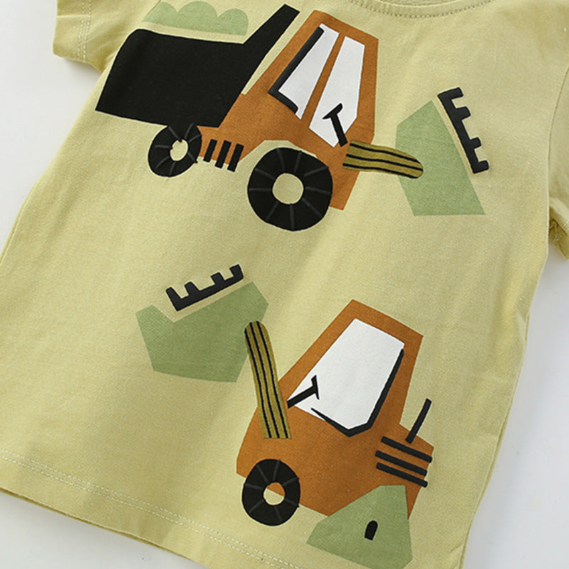 Conjunto de camiseta y pantalones cortos de verano para bebés y niños con estampado de excavadora informal de dibujos animados.
