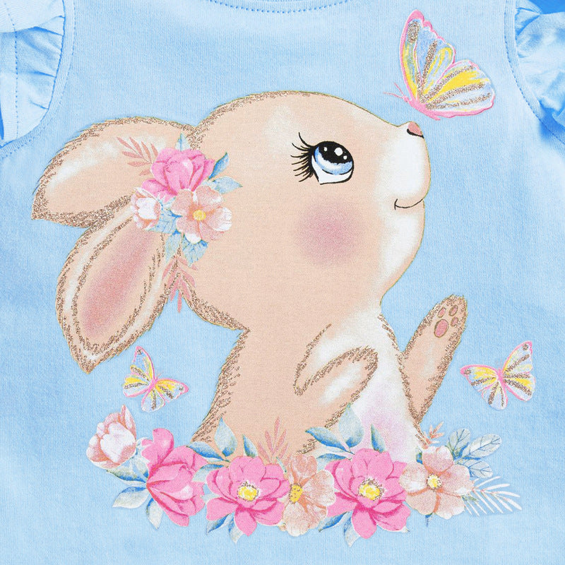 Camiseta sin mangas con volantes y estampado de conejo de cuello redondo para niña