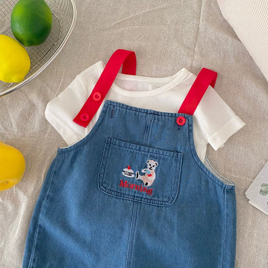Mono de mezclilla sin mangas con tirantes y bordado de dibujos animados unisex para bebé, recién llegado en verano