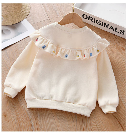 Sudadera con capucha para niña con bordado de frutas, diseño gráfico con volantes, de tela de pana