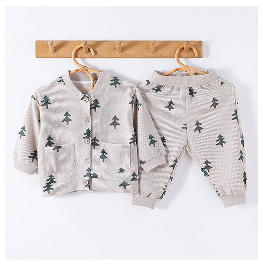 Conjunto de ropa unisex de primavera para bebés y niños, con top y pantalones largos con estampado sencillo de manga larga.