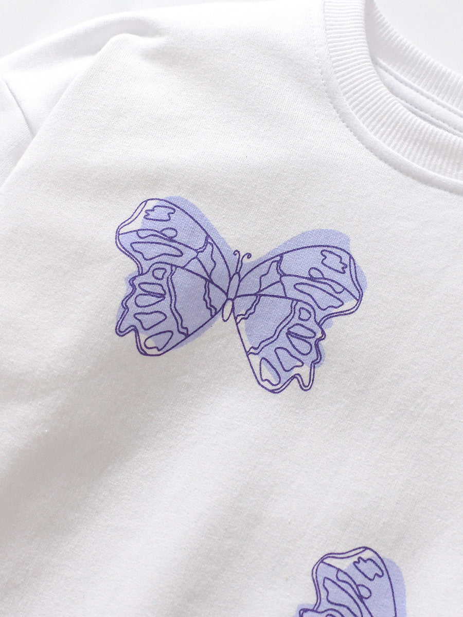 Sudadera de manga larga con estampado de mariposas moradas y blancas para bebés y niñas de otoño