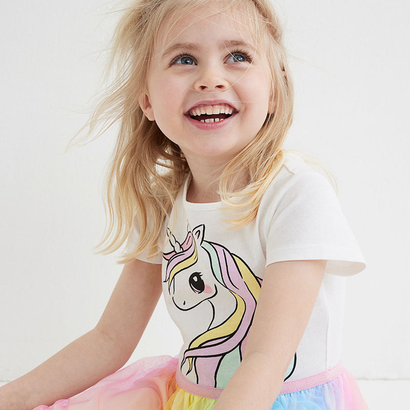 Vestido de tul con estampado de unicornio y mangas cortas para niñas