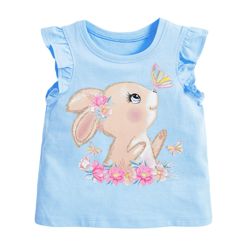 Camiseta sin mangas con volantes y estampado de conejo de cuello redondo para niña