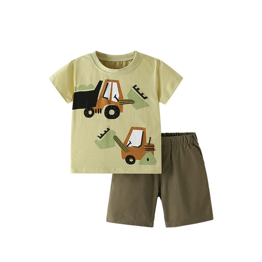 Conjunto de camiseta y pantalones cortos de verano para bebés y niños con estampado de excavadora informal de dibujos animados.
