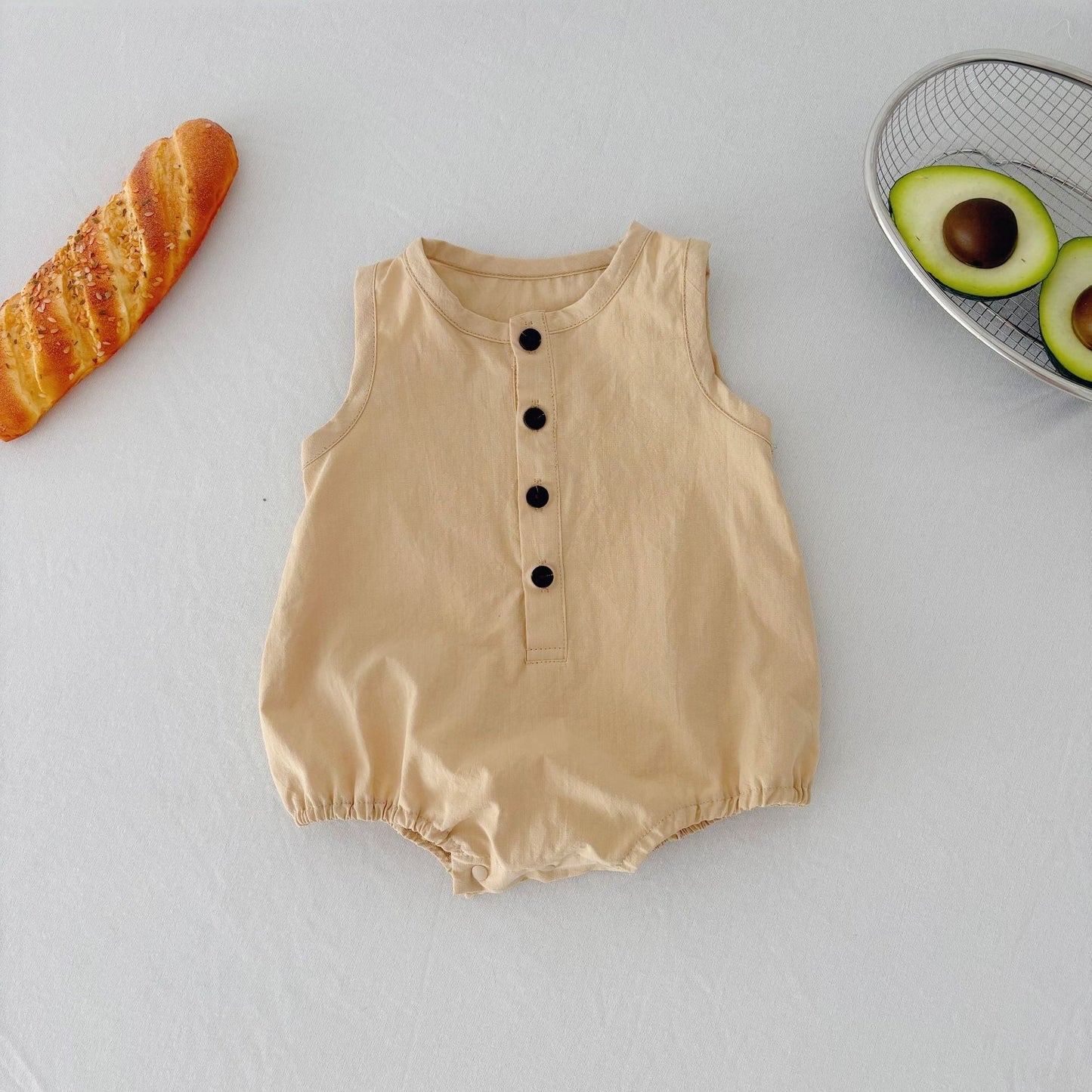 Monos finos de verano para bebé, unisex, sencillos, lisos, sin mangas y con abertura frontal.