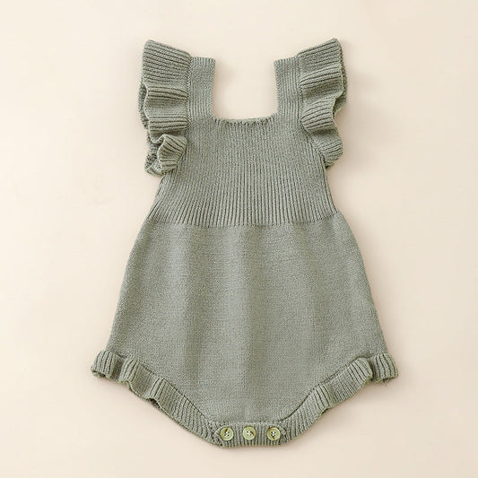 Mono de punto con cuello cuadrado y mangas abullonadas de color liso para niñas recién llegadas de verano