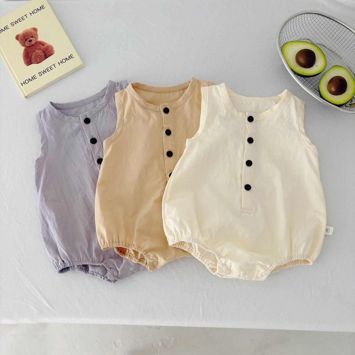 Monos finos de verano para bebé, unisex, sencillos, lisos, sin mangas y con abertura frontal.