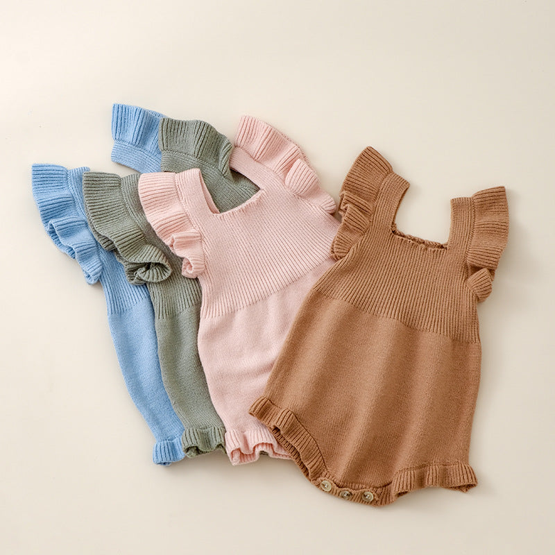 Mono de punto con cuello cuadrado y mangas abullonadas de color liso para niñas recién llegadas de verano